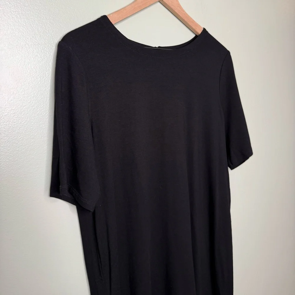 Eileen Fisher Short Sleeve Crewneck Keyhole Back Dress Black‎ Size Petite Large